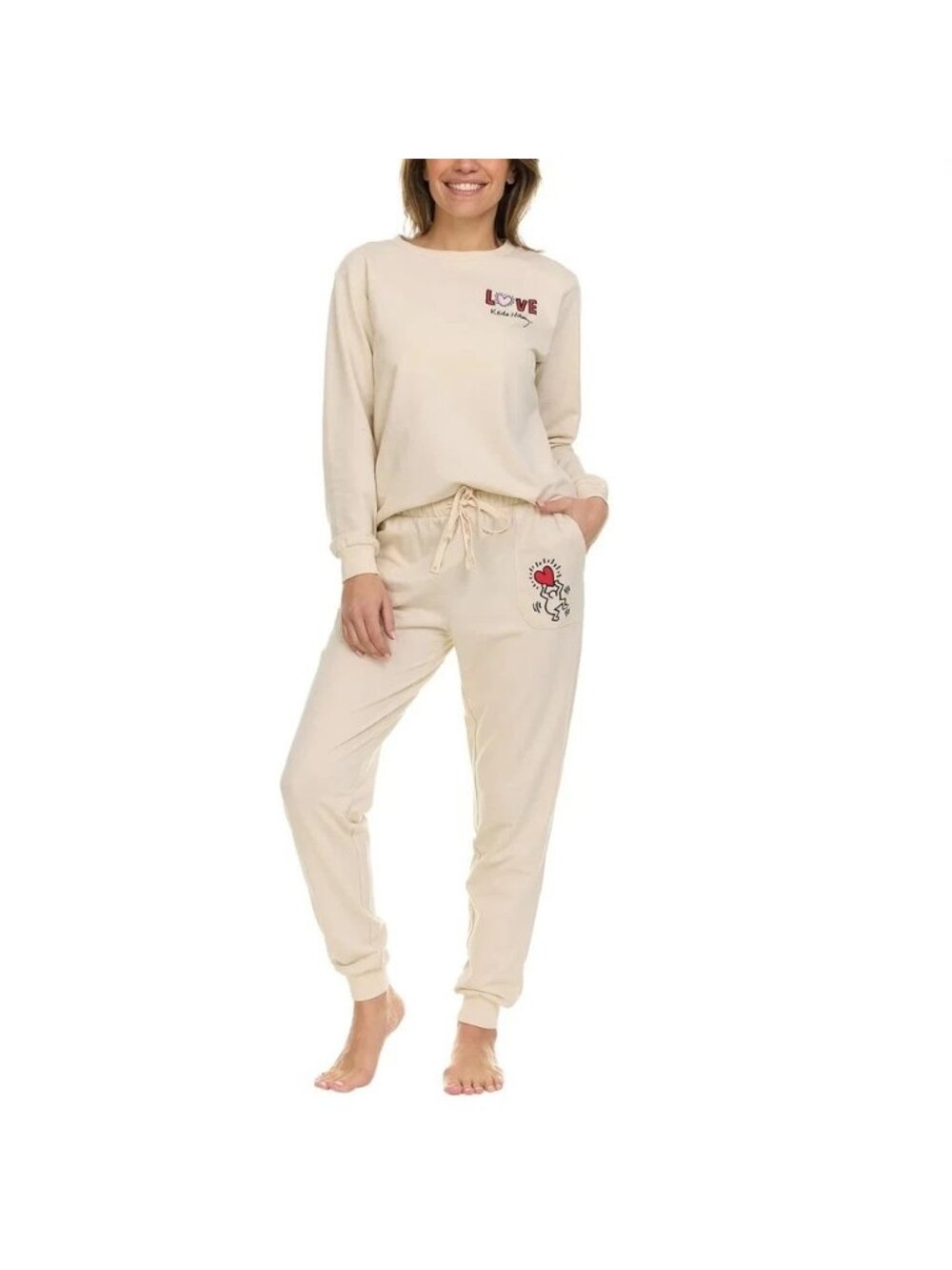 NWT Keith Haring Women's L Love Sweatshirt & Jogger Set Cream